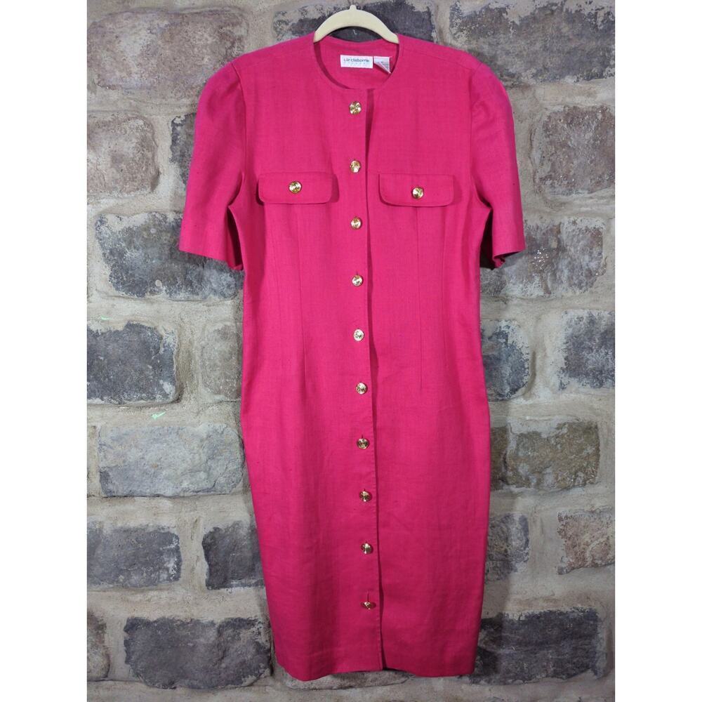 Vintage Liz Claiborne Dress Woman's 8‎ Linen Pink Gold Button Retro Barbiecore